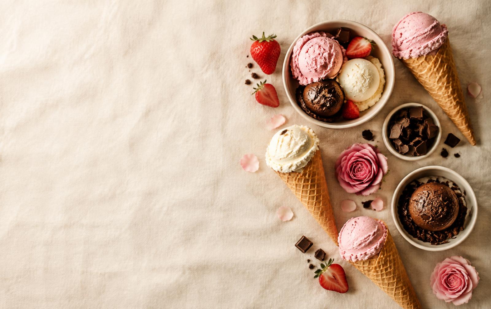 Sorvetes artesanais de morango, baunilha e chocolate
